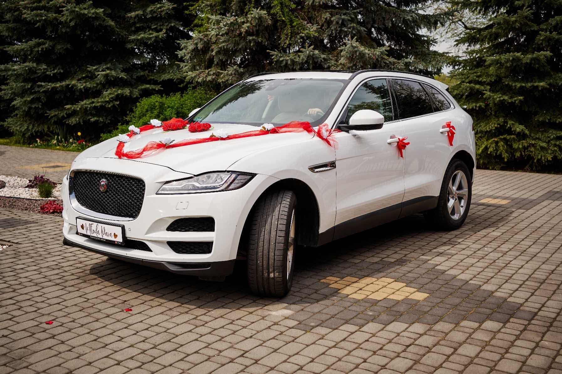 Samochód marki Jaguar, model F-Pace biały ze srebrnymi alufelgami.